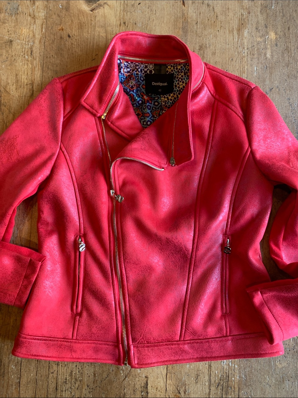 Desigual Women's Red Moto Asymmetrical Zip Leather Jacket - Picture 3 of 16